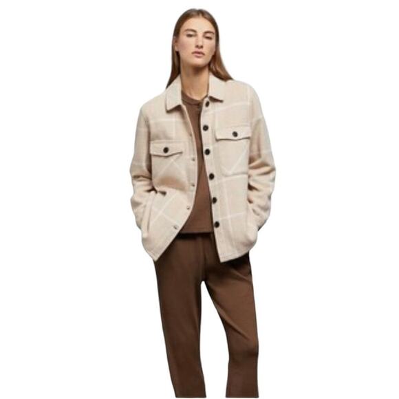 Onia Blanket Shacket Tan Plaid Jacket Fleece Button Front Large - Picture 1 of 7